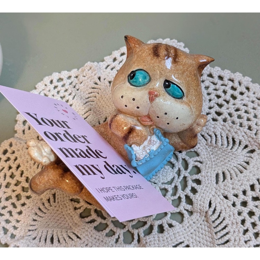 Vintage Ceramic Cat Business Card Holder Cute Kitten Desk‎ Organizer Cottagecore